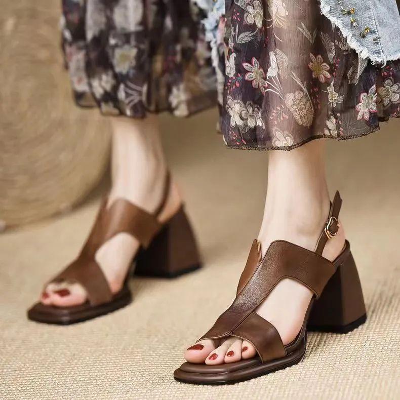 Leather Block Heel Sandals