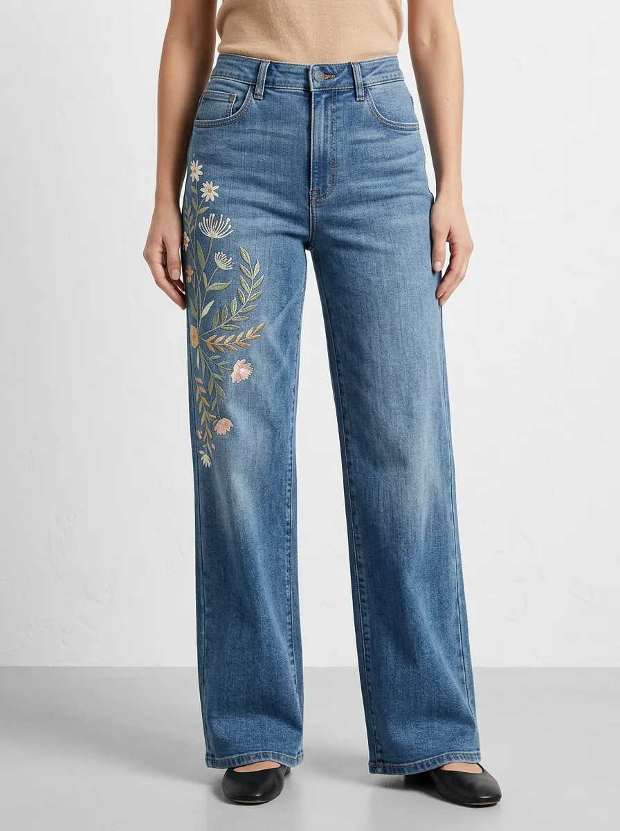 Women's Botanical Thigh-Embroidered Wide-Leg Stretch Jeans