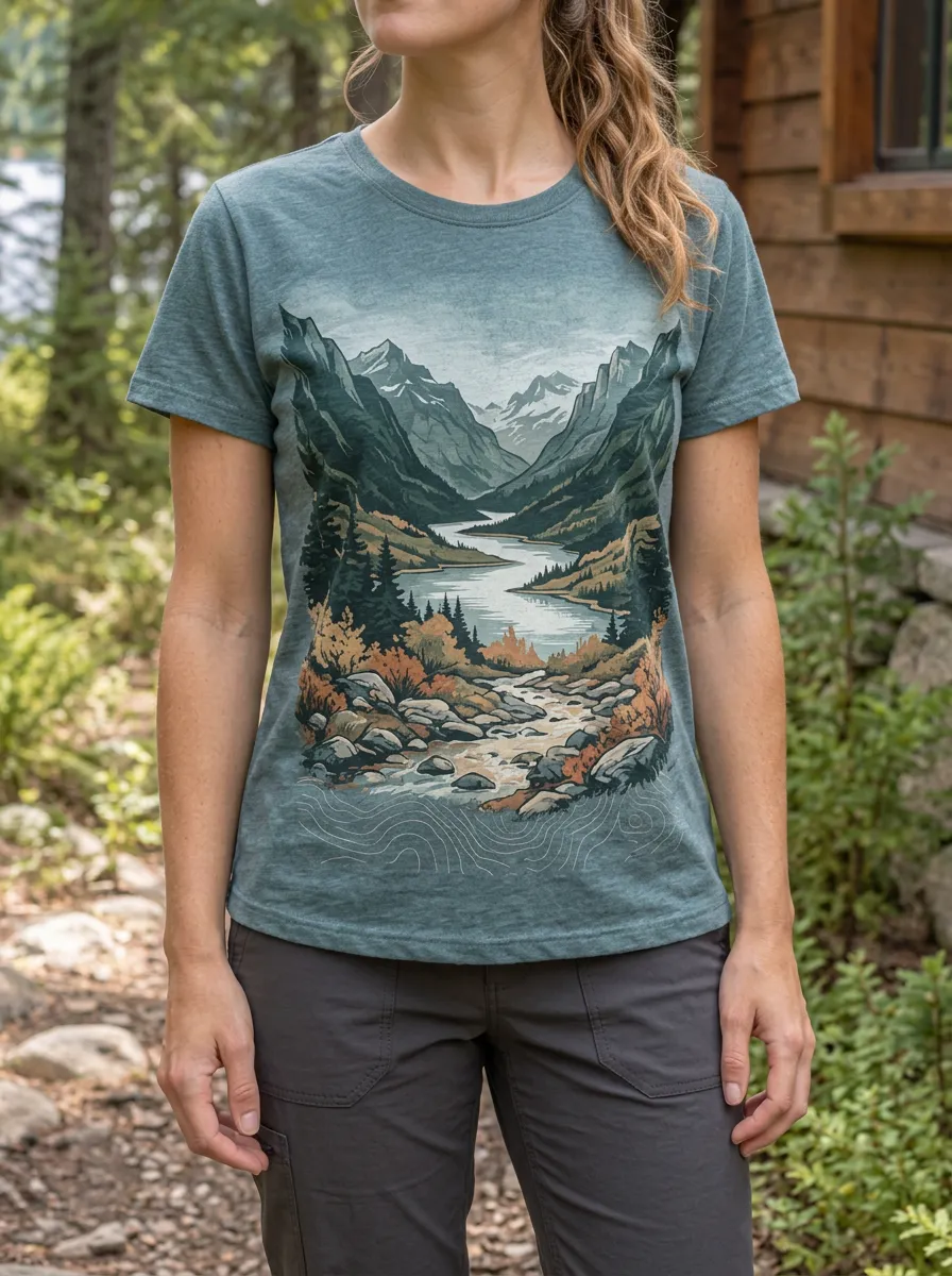 Women's Scenic Nature Lover Mountain River Landscape Crew Neck T-Shirt
