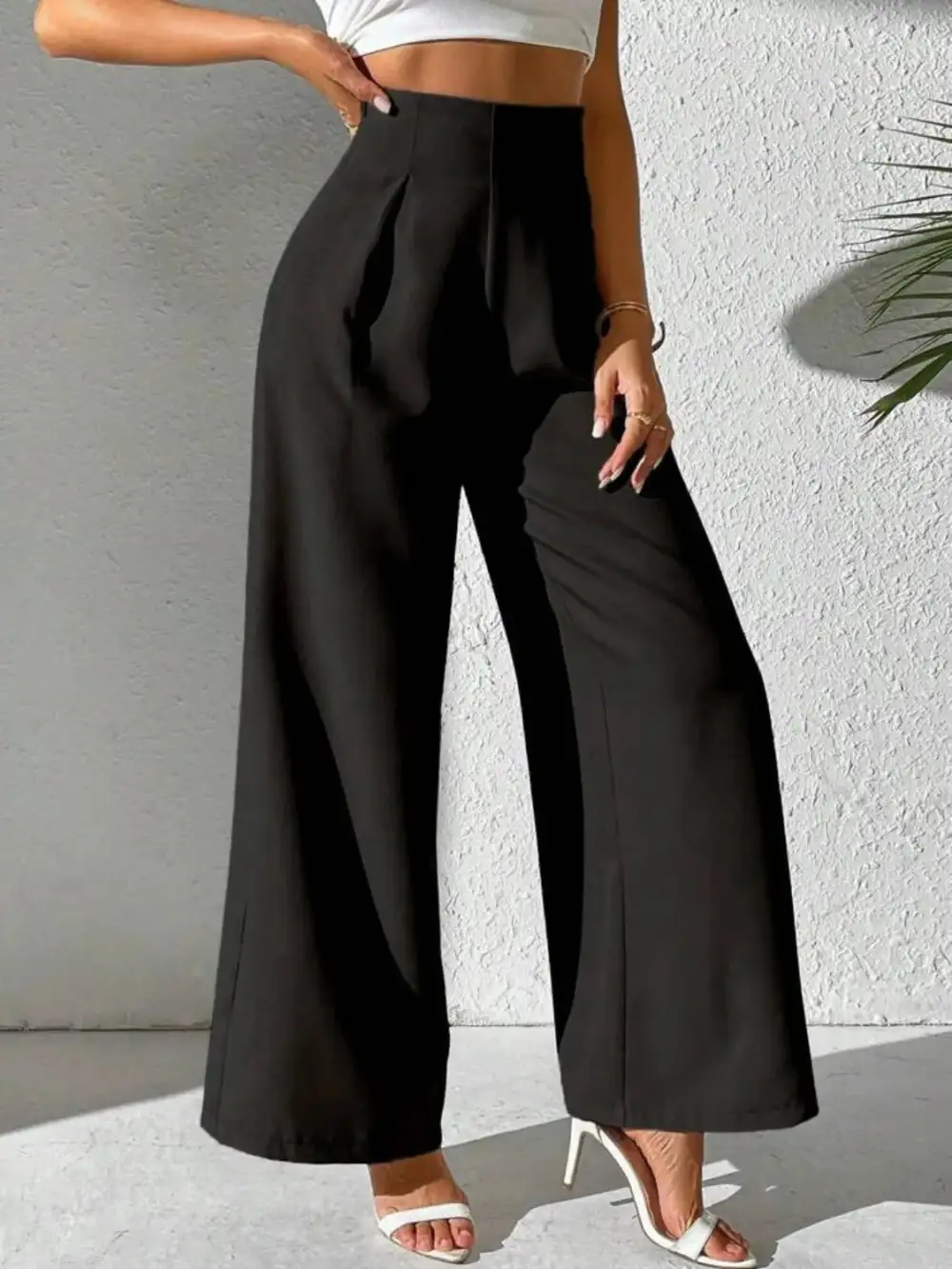 Textured Wide Leg High Waist Pants