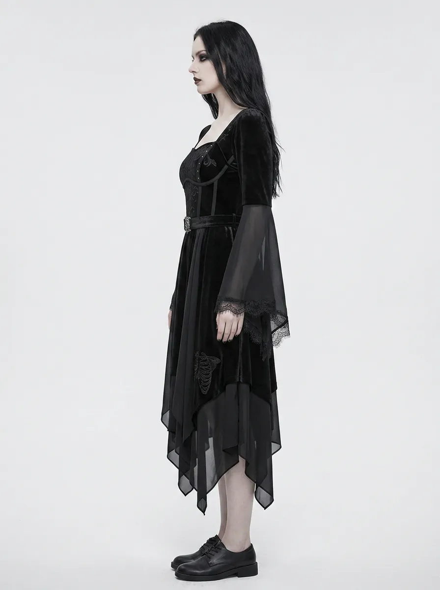 Women's Gothic Skeleton Ribcage Embroidered Velvet Top