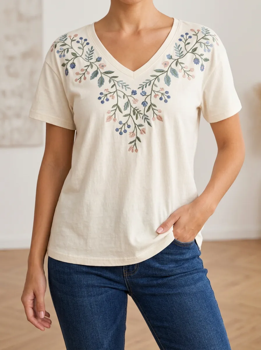 Daily Style V Neck Floral Print Women's Short Sleeve Tee