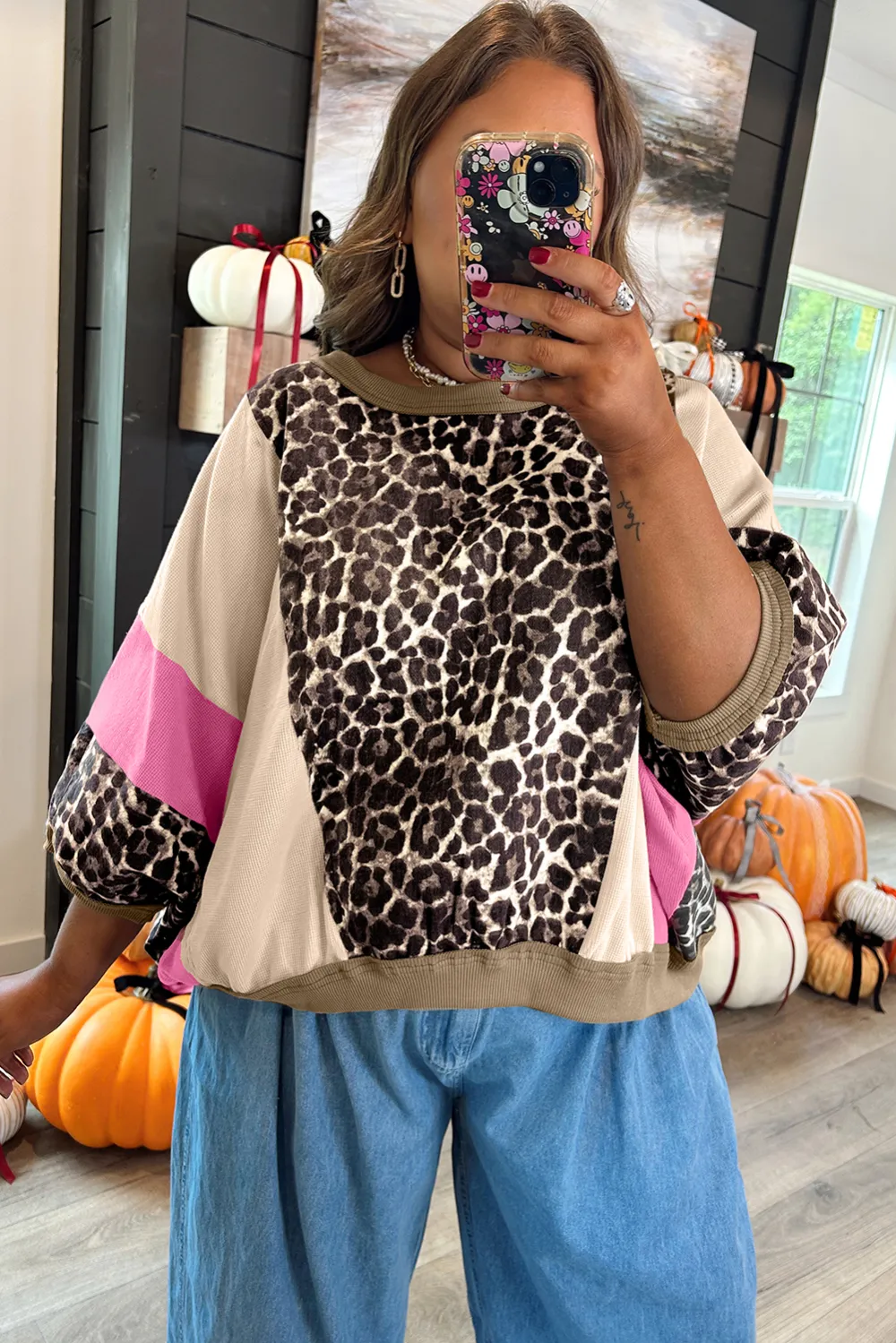 Brown Leopard Print Block Patchwork Top