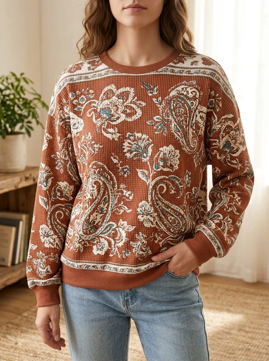 Women's Art-Inspired Boho Paisley Floral Waffle Knit Crewneck Sweatshirt