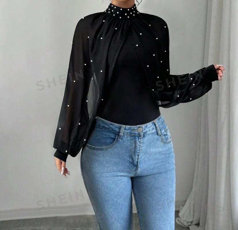 Women's Stand-Collar Pearls Beaded Button Long-Sleeve Blouse