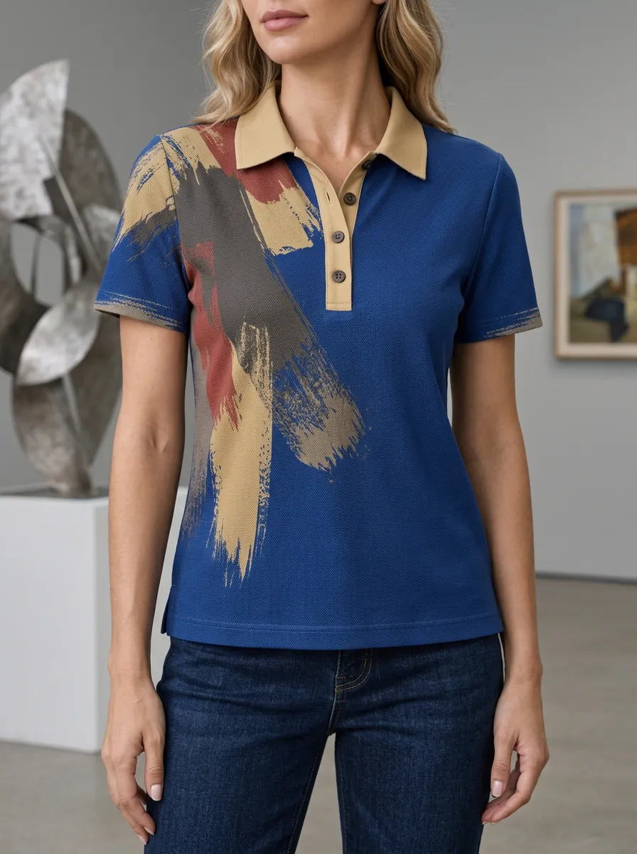 Women's Abstract Brushstroke Printed Polo Shirt