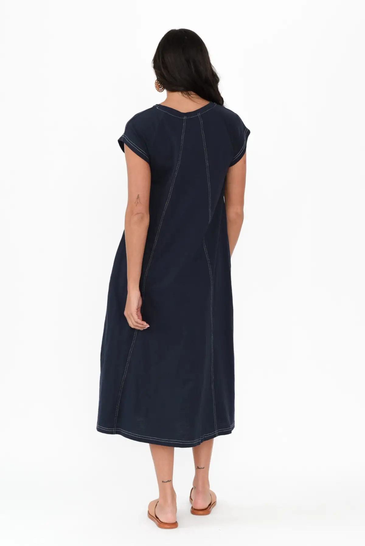 Below-Knee Cotton Pocket Round-Neck Short-Sleeve Straight-Cut Relaxed Dress