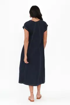 Below-Knee Cotton Pocket Round-Neck Short-Sleeve Straight-Cut Relaxed Dress
