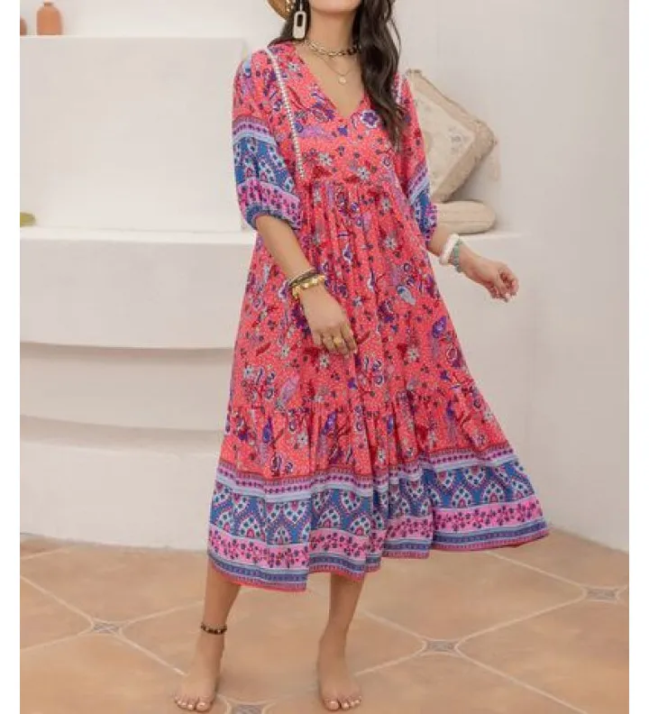 Printed Puff Sleeve Midi Dress