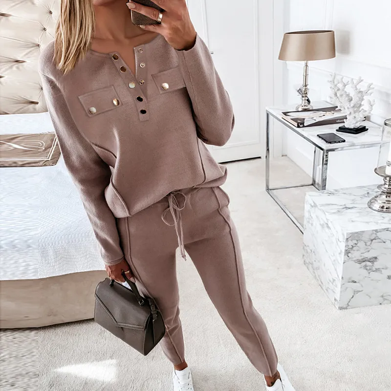 Women's Casual Button V-neck Set