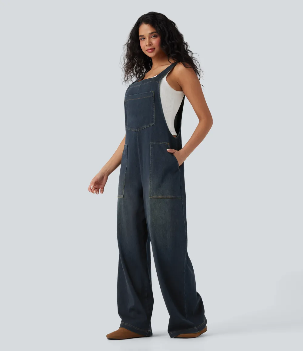  Square Neck Washed Denim Casual Overalls with Pockets
