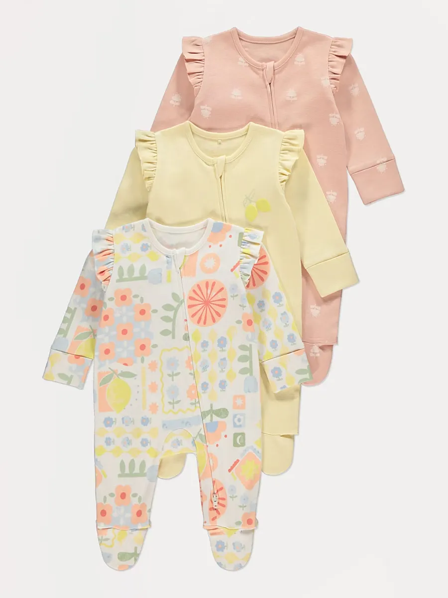 Pastel Flower Zip Fasten Sleepsuits 3 Pack