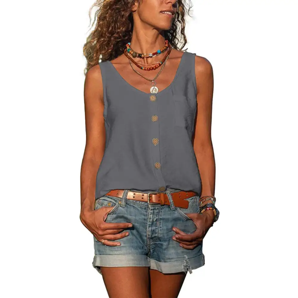  Casual Sleeveless Button Front Tank Top