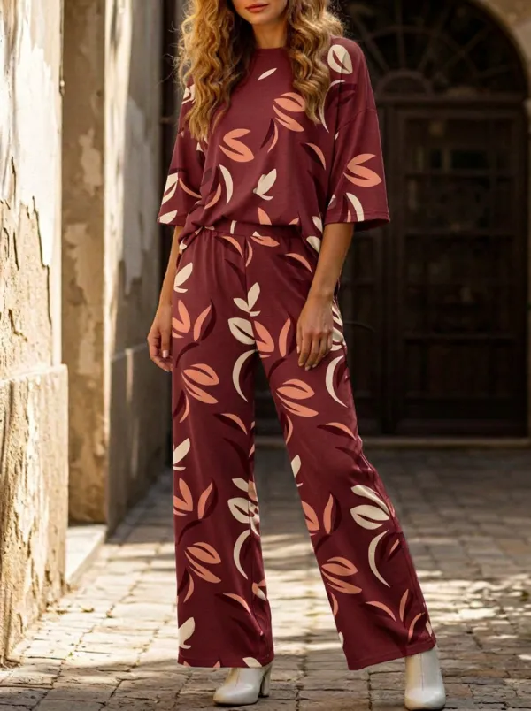Women's Abstract Leaf Print Drop-Shoulder Top And Wide-Leg Trouser Lounge Set