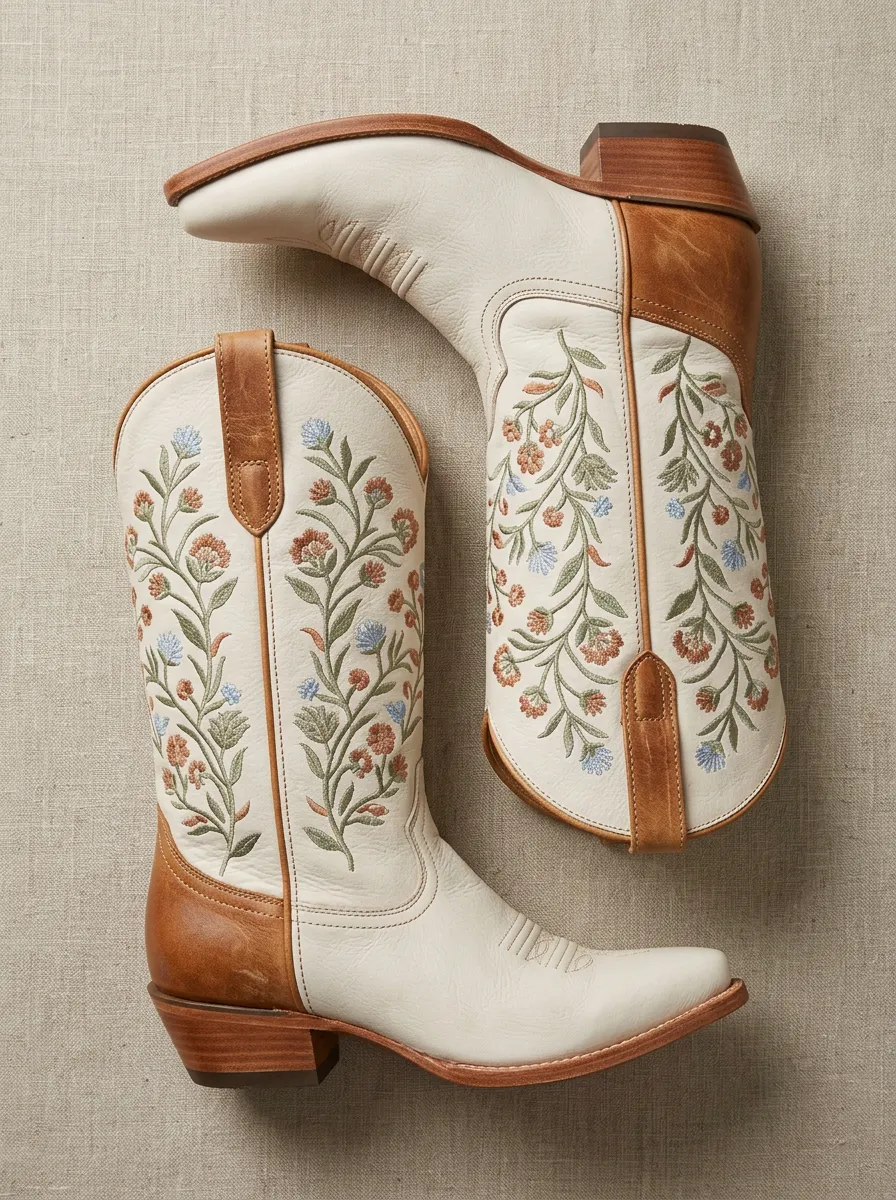 Prairie Floral Embroidered Motif Unisex Western Cowboy Boots