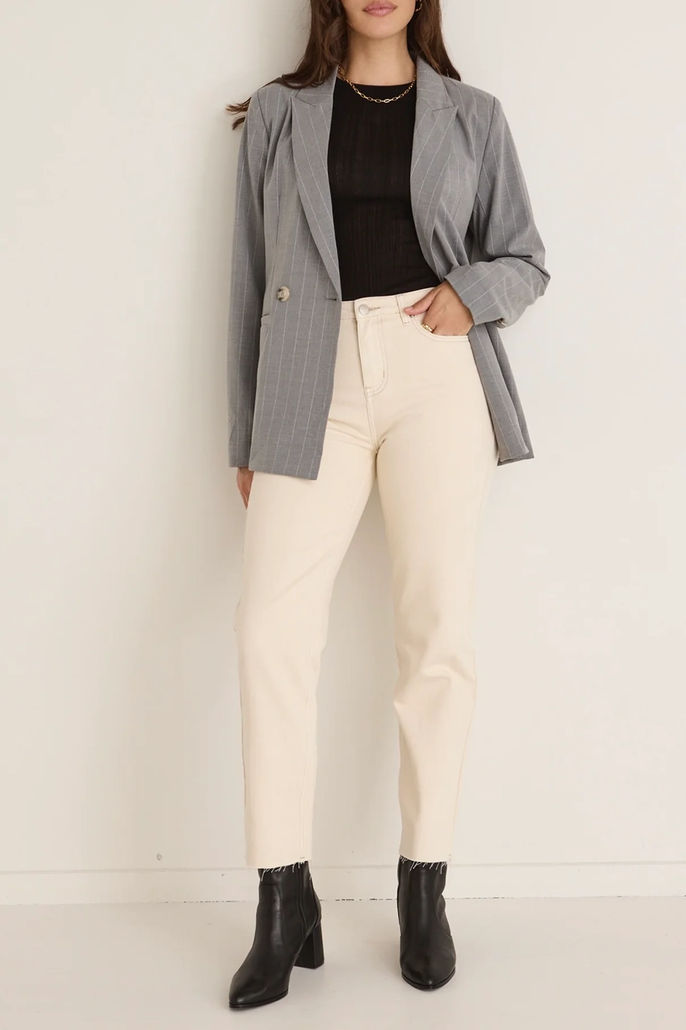 Grey Pinstripe Double - Breasted Blazer