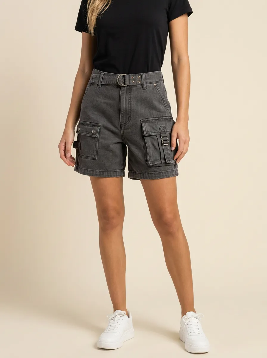 Women's Casual Streetwear Washed Black Belted Cargo Shorts