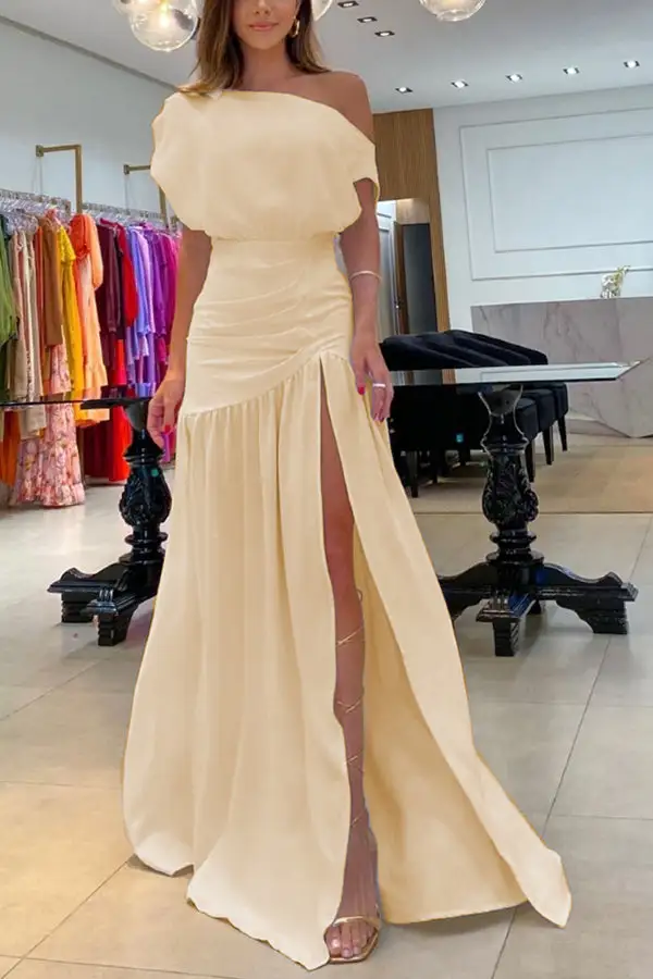 Elegant Ruched One Shoulder Top And Slit Maxi Skirt Set