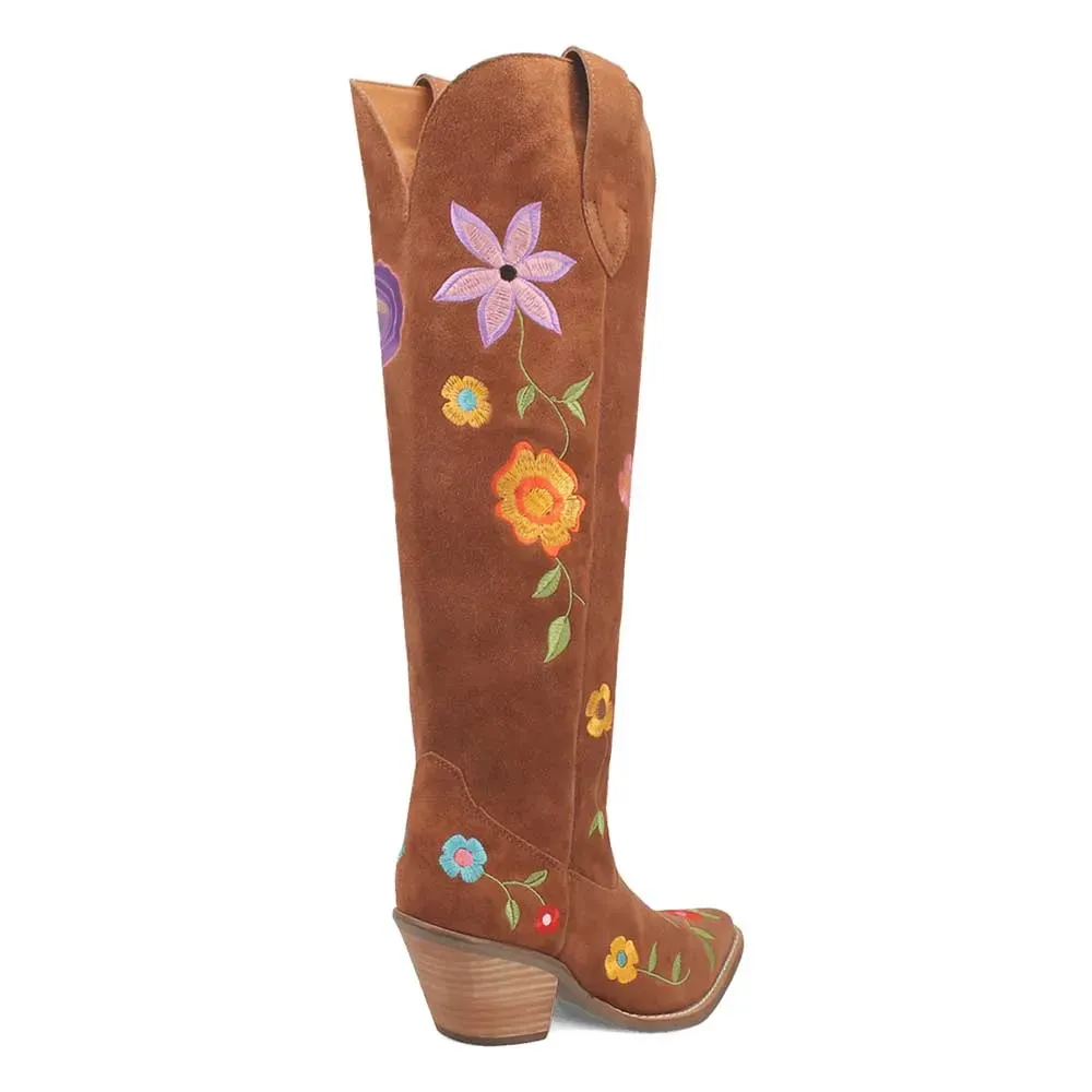 Faux-Suede Embroidered Floral Snip-Toe Over-the-Knee Boots