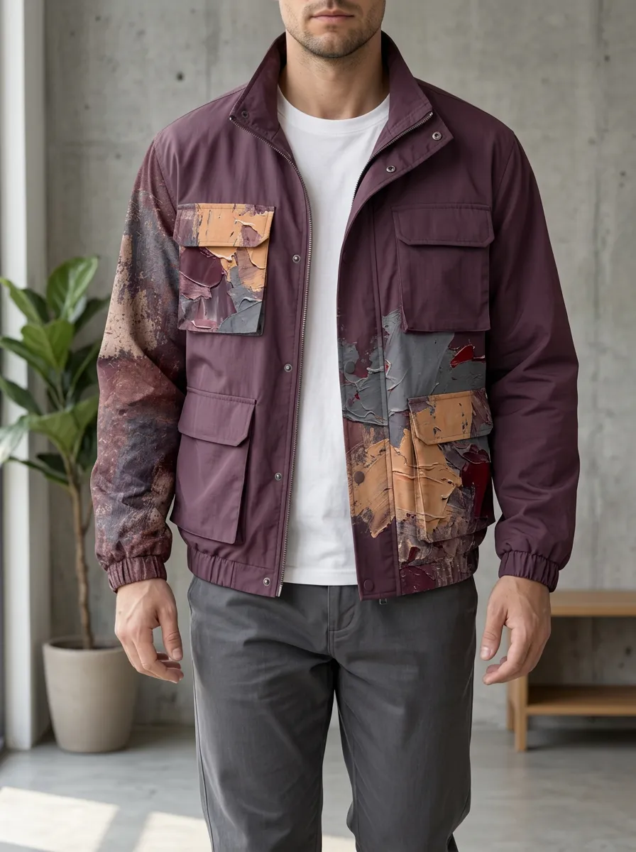 Men's Abstract Oil Painting Texture Printed Utility Jacket