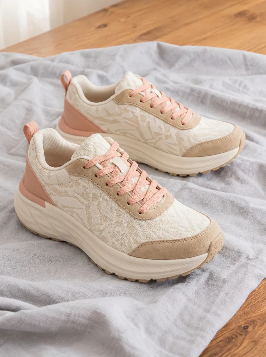 Women's Beige Geometric Pattern Printed Sneakers