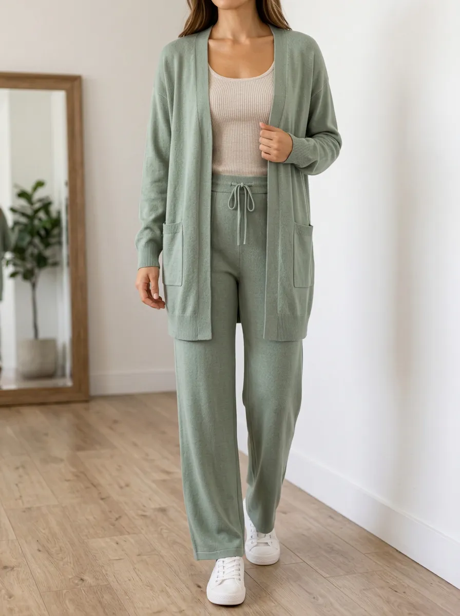 Women's Layered Knit Cardigan Tank Top And Drawstring Pants Three Piece Set