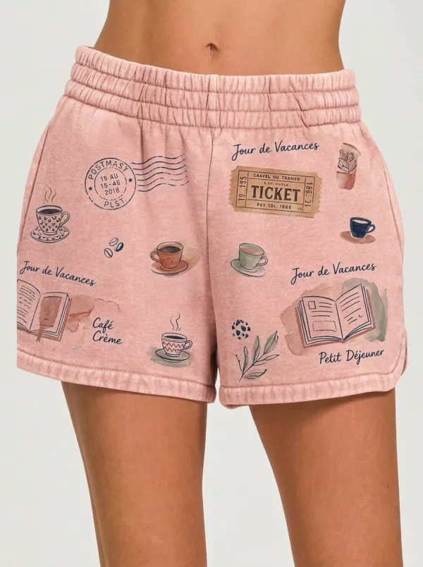 Women's Coffee Book Lover Travel Ticket Printed Shorts