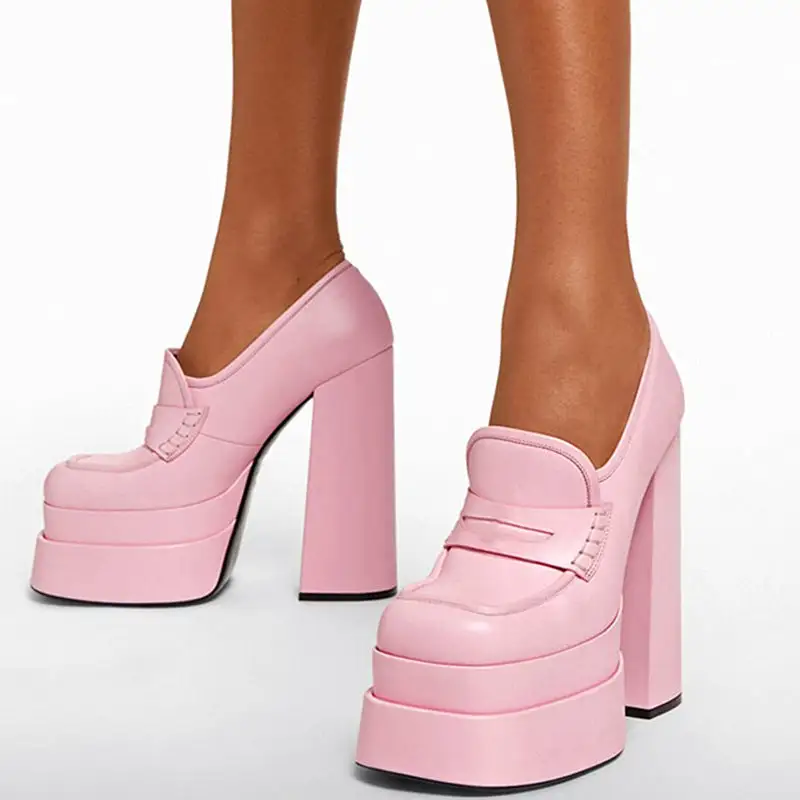 Modern Round Toe Platform Chunky Heel Pumps