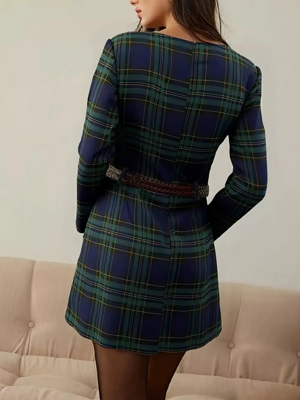Plaid Printed Long Sleeve Dress Casual