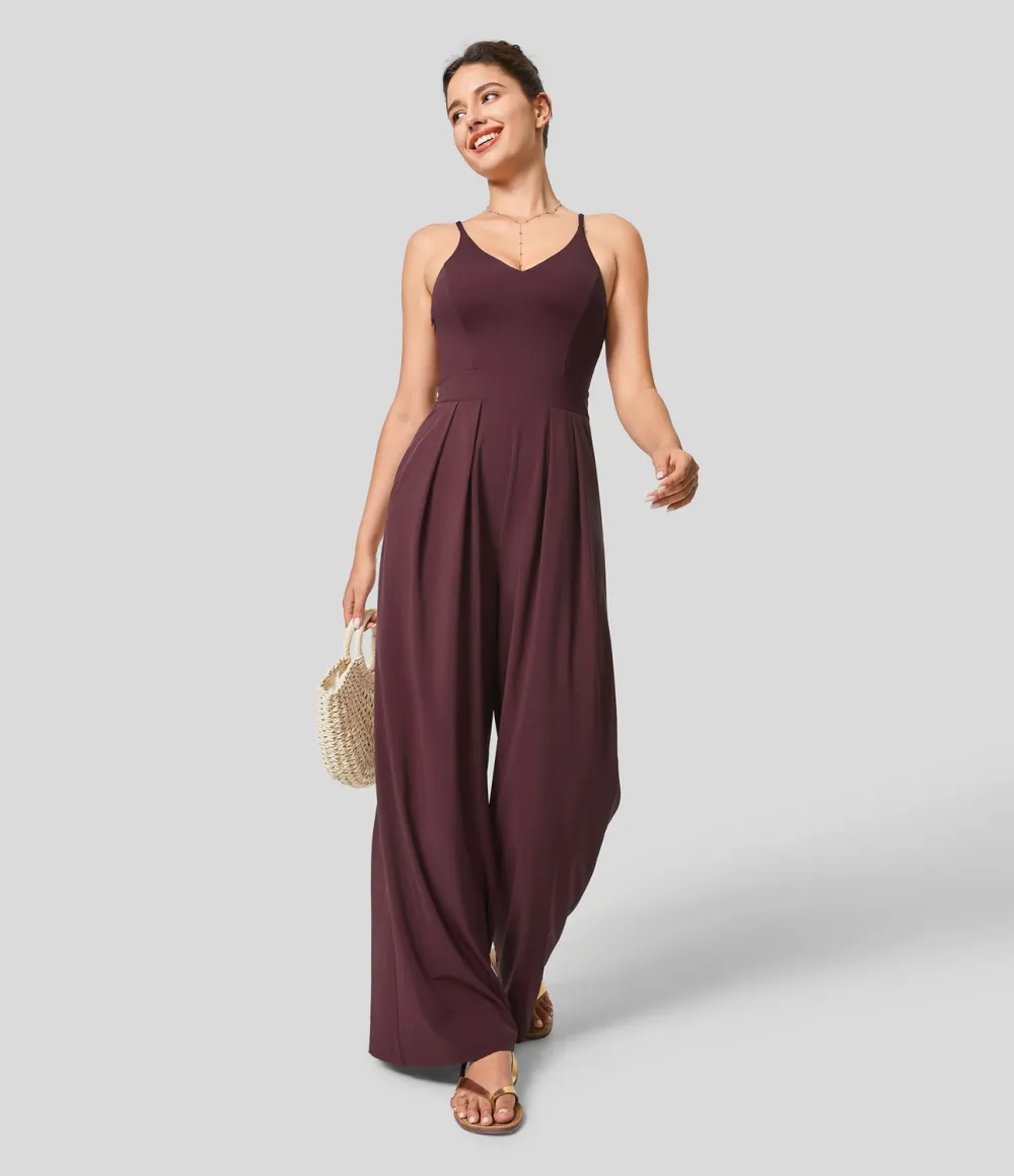 Breezeful Backless Side Invisible Zipper Pocket Wide Leg Quick Dry Resort Slip Jumpsuit