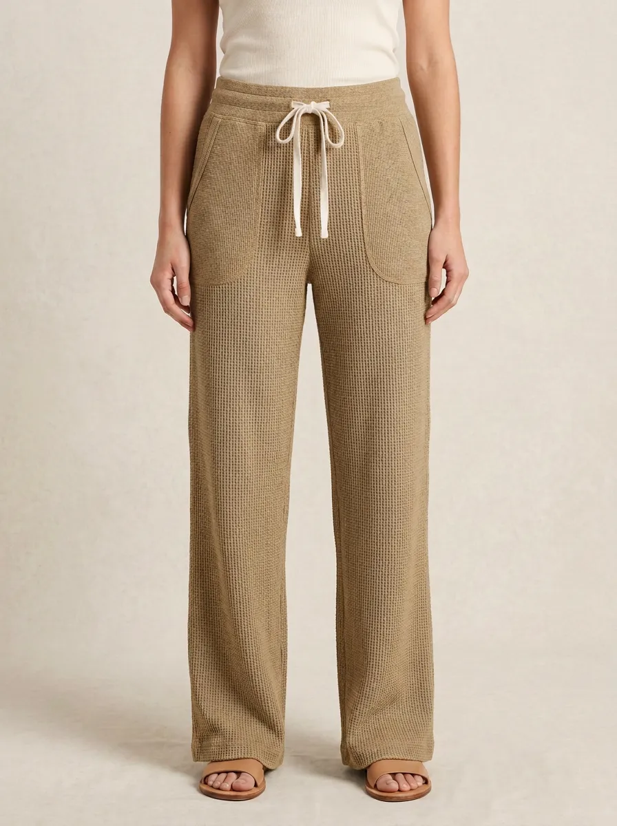 Women's Casual Lounge Waffle Knit Drawstring Wide Leg Pants
