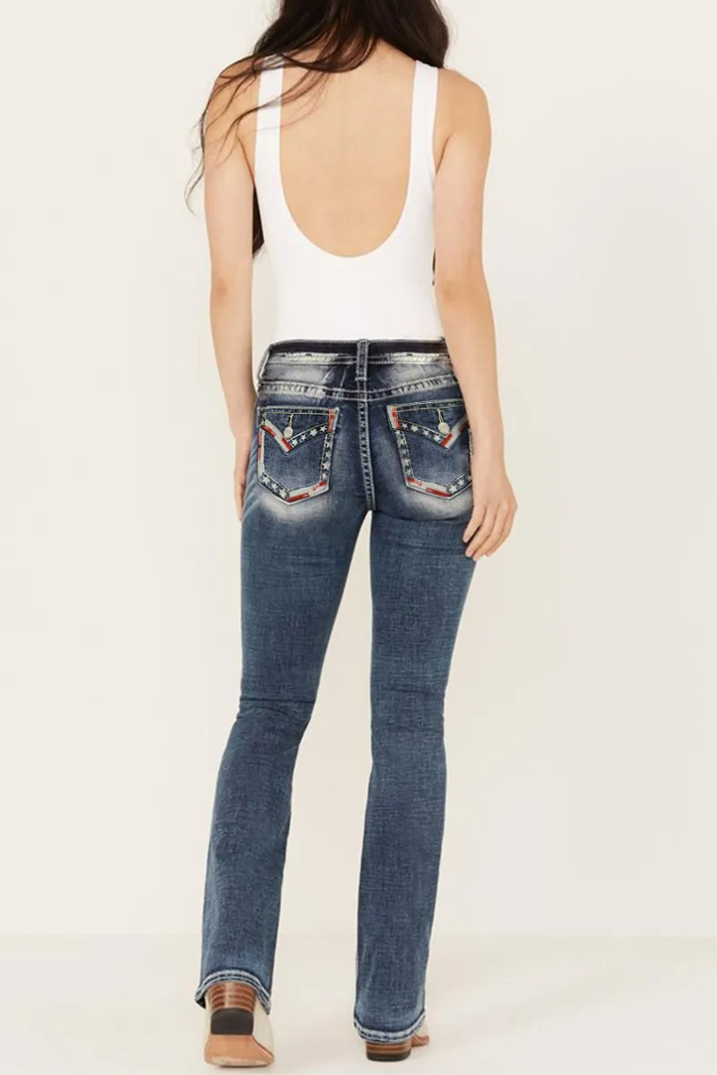 Mid Waist Wash Flare Leg Jeans