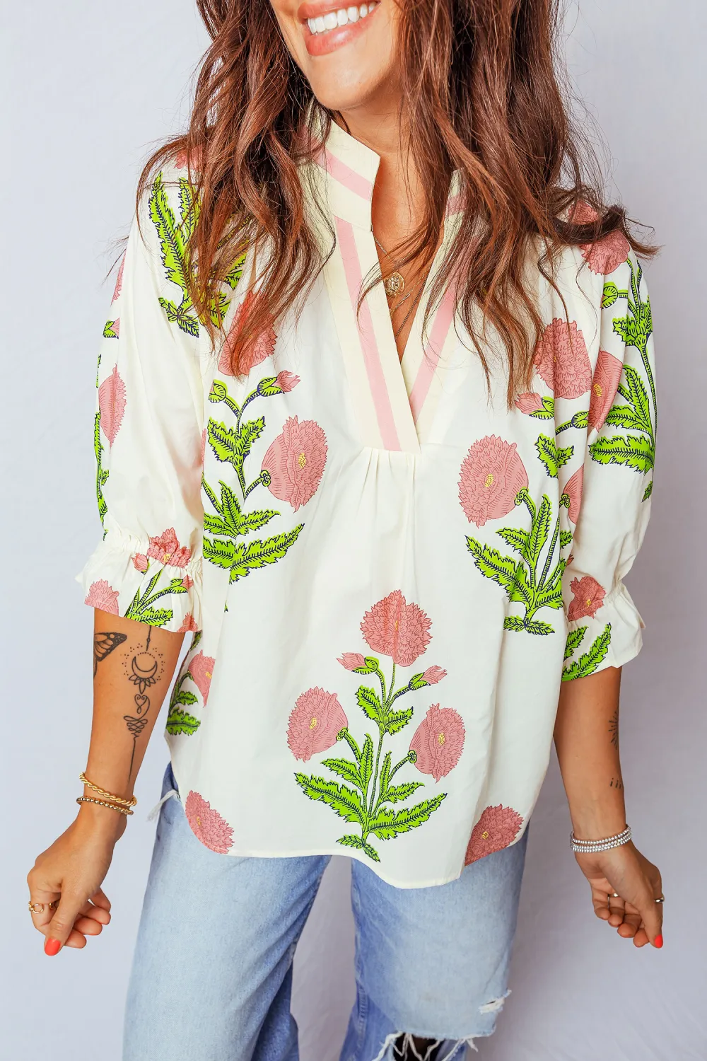 Wild Flower Print V Neck Blouse