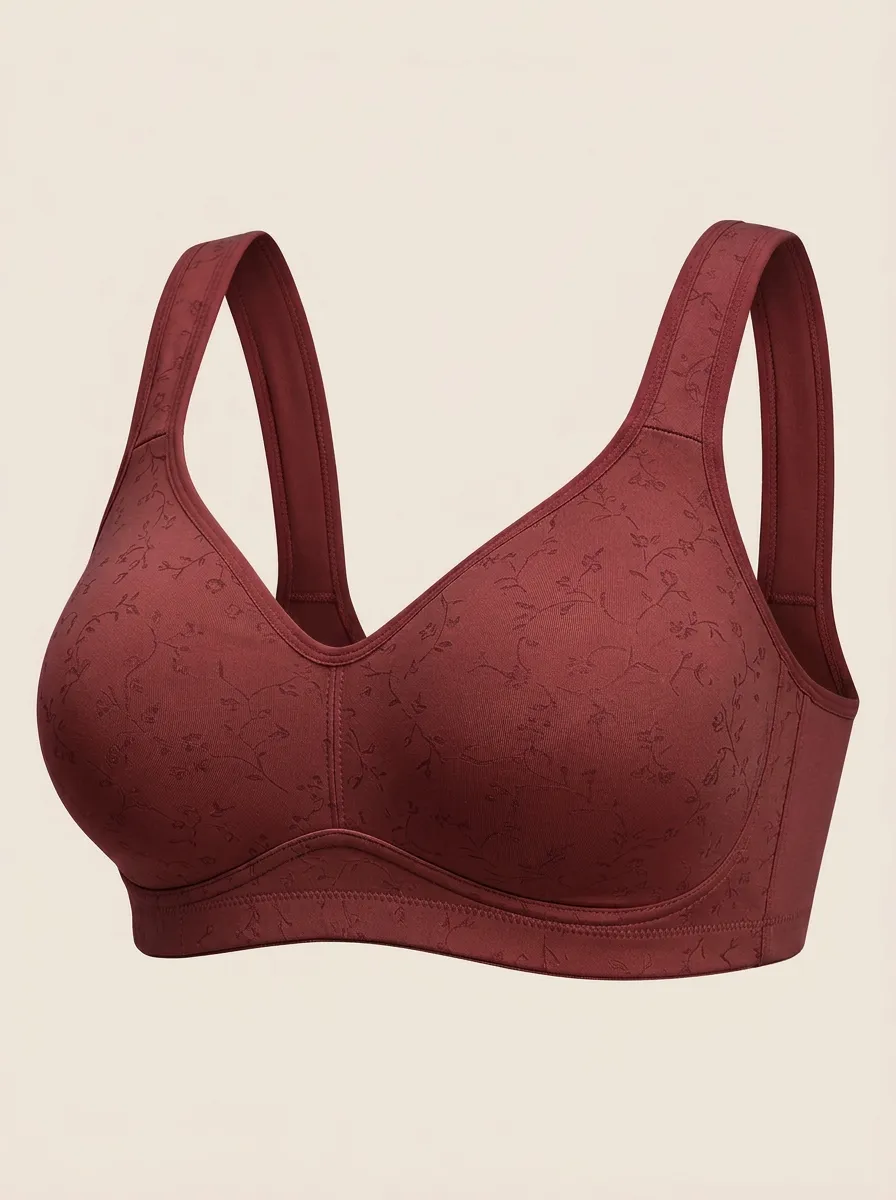 Women's Plus Size Beige Floral Full-Coverage Wide-Strap Wireless Bra
