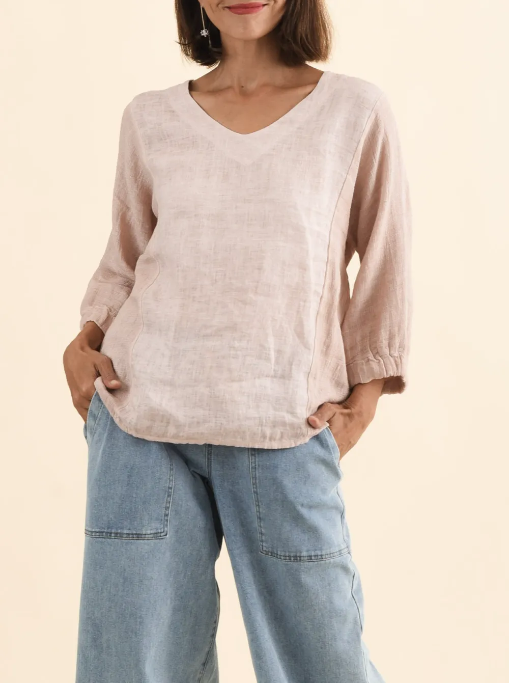 Linen Cotton Blend Contrast Trim V-Neck Top
