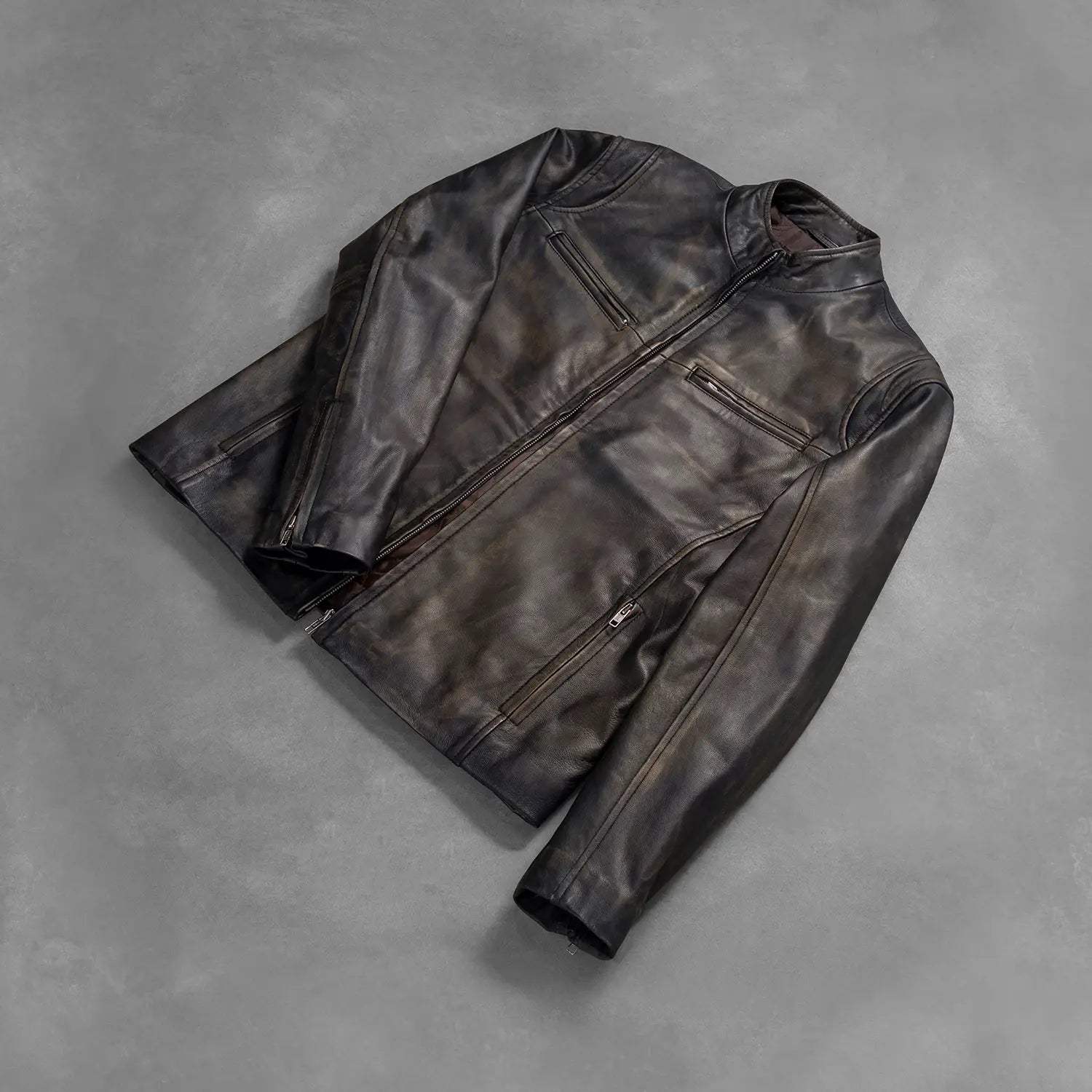 Men's Structured Biker Leather Distressed Jacket