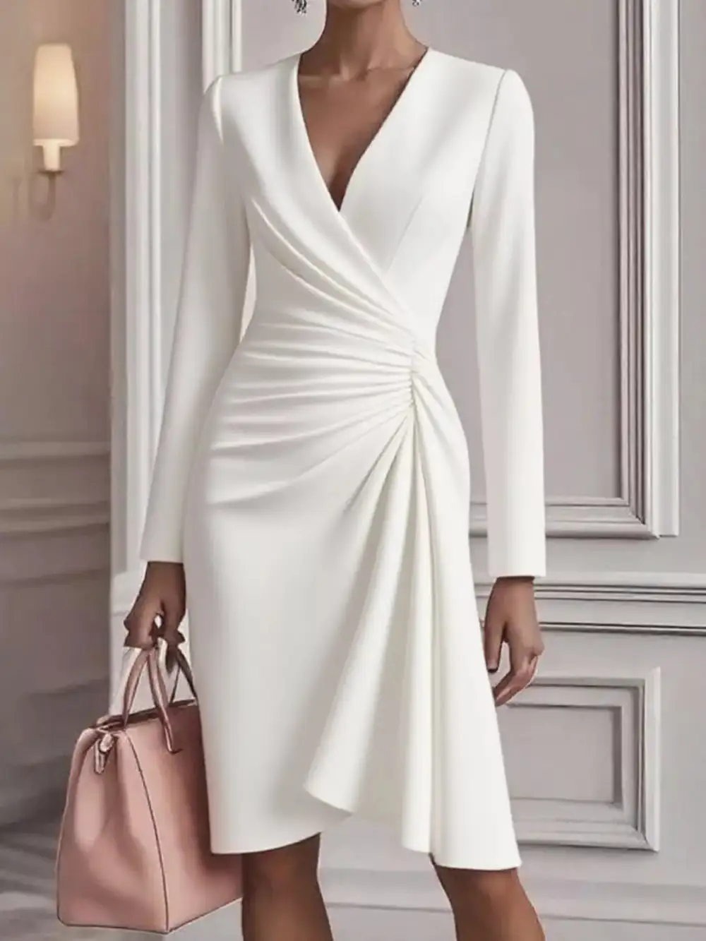 Gathered Detail Ruched Long Sleeve Mini Dress