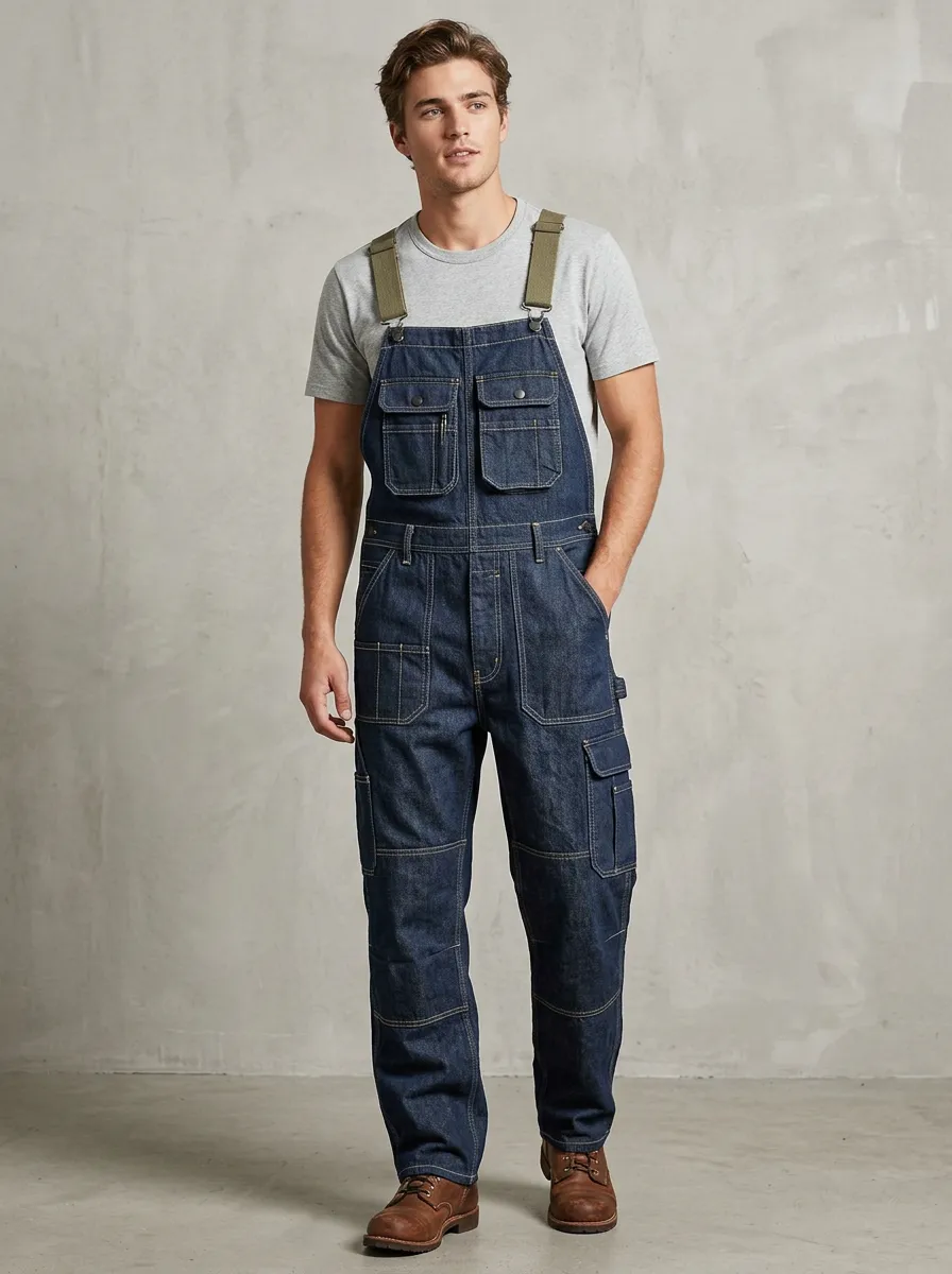 Men's Casual Workwear Dark Denim Cargo Bib Overalls