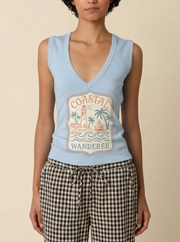 Women's Coastal Wanderer Lighthouse Palm Tree Printed Tank Top