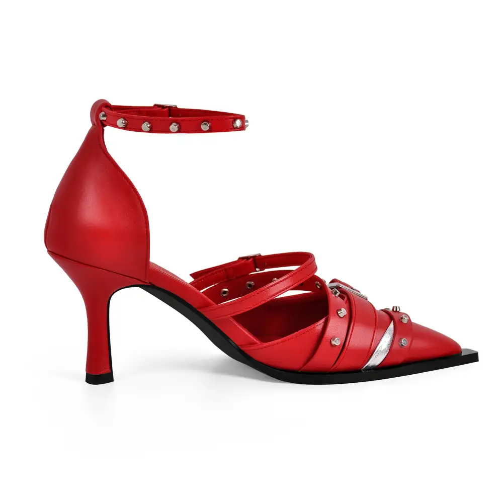 Modern Rivet Pointed Toe Stiletto Ankle Strap Pumps