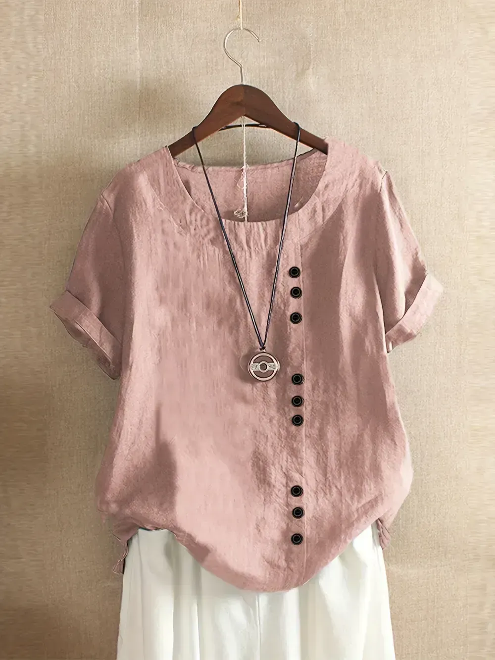Plus Size Solid Button Decor Short Sleeve T-shirt, Women's Plus Casual Round Neck Tee