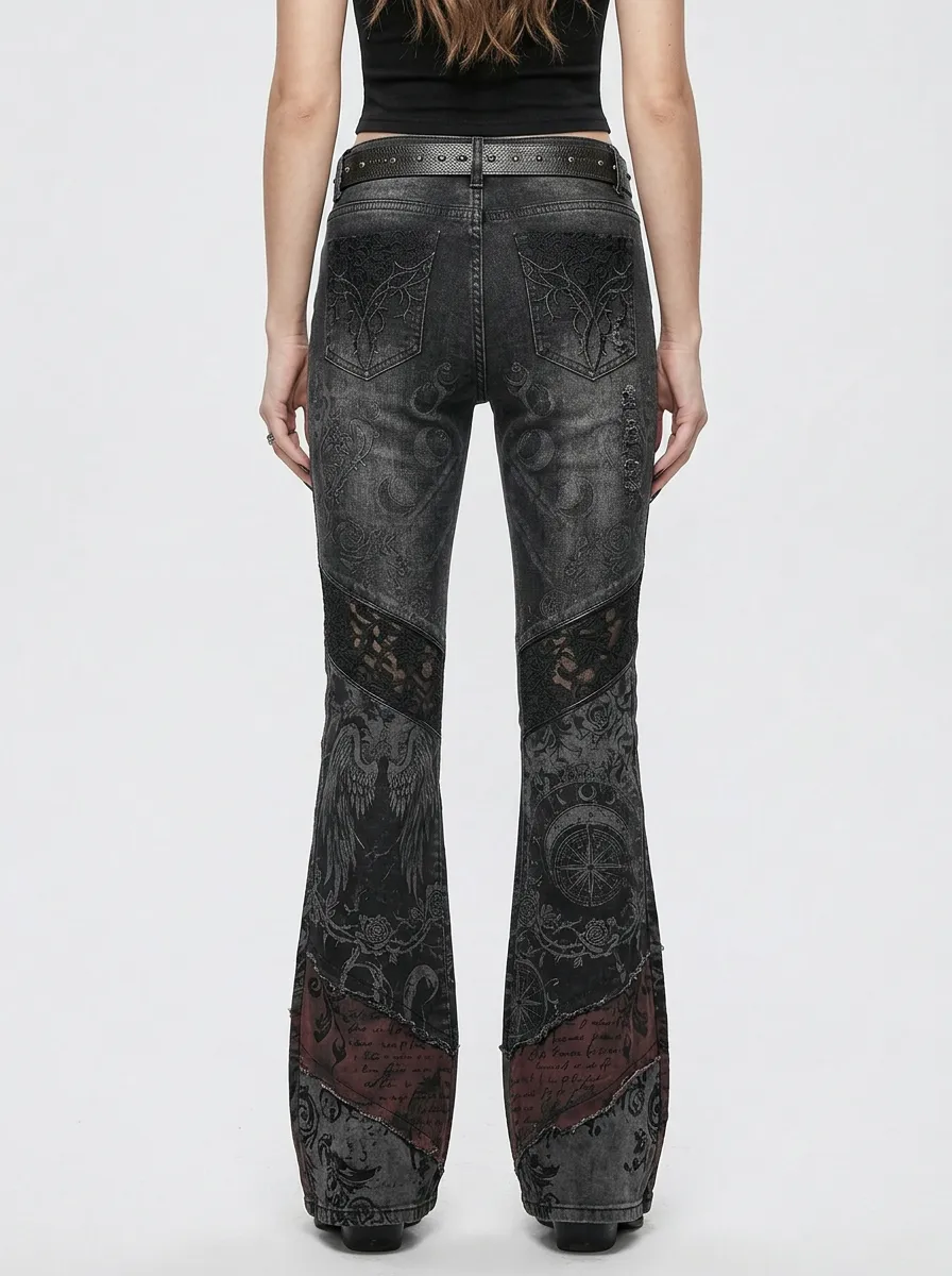 Dark Rose Moon Compass Dark Look Women's Gothic Flare Pants