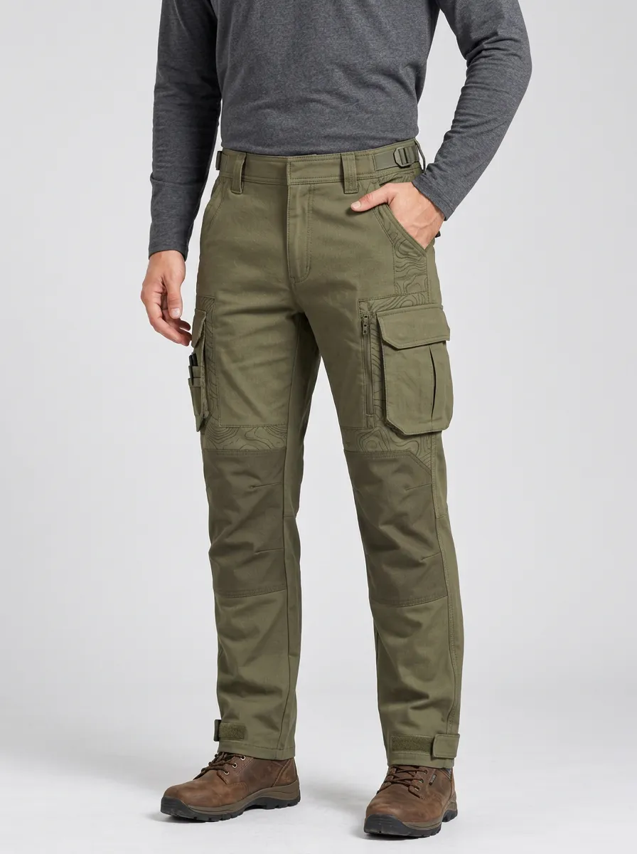 Men's Olive Green Topographic Multi-Pocket Reinforced Knee Zip Thigh Pocket Tactical Cargo Pants