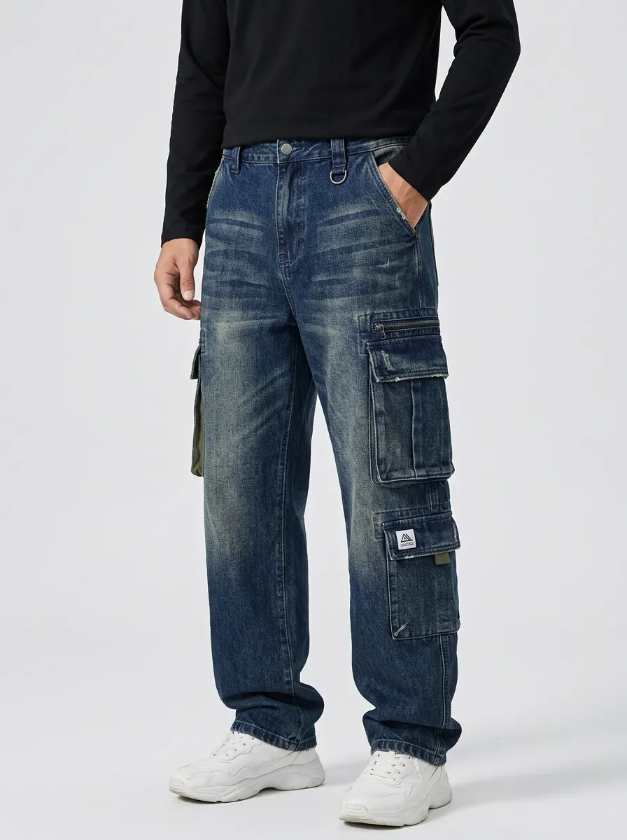 Men's Distressed Denim Multi-Pocket Cargo Jeans