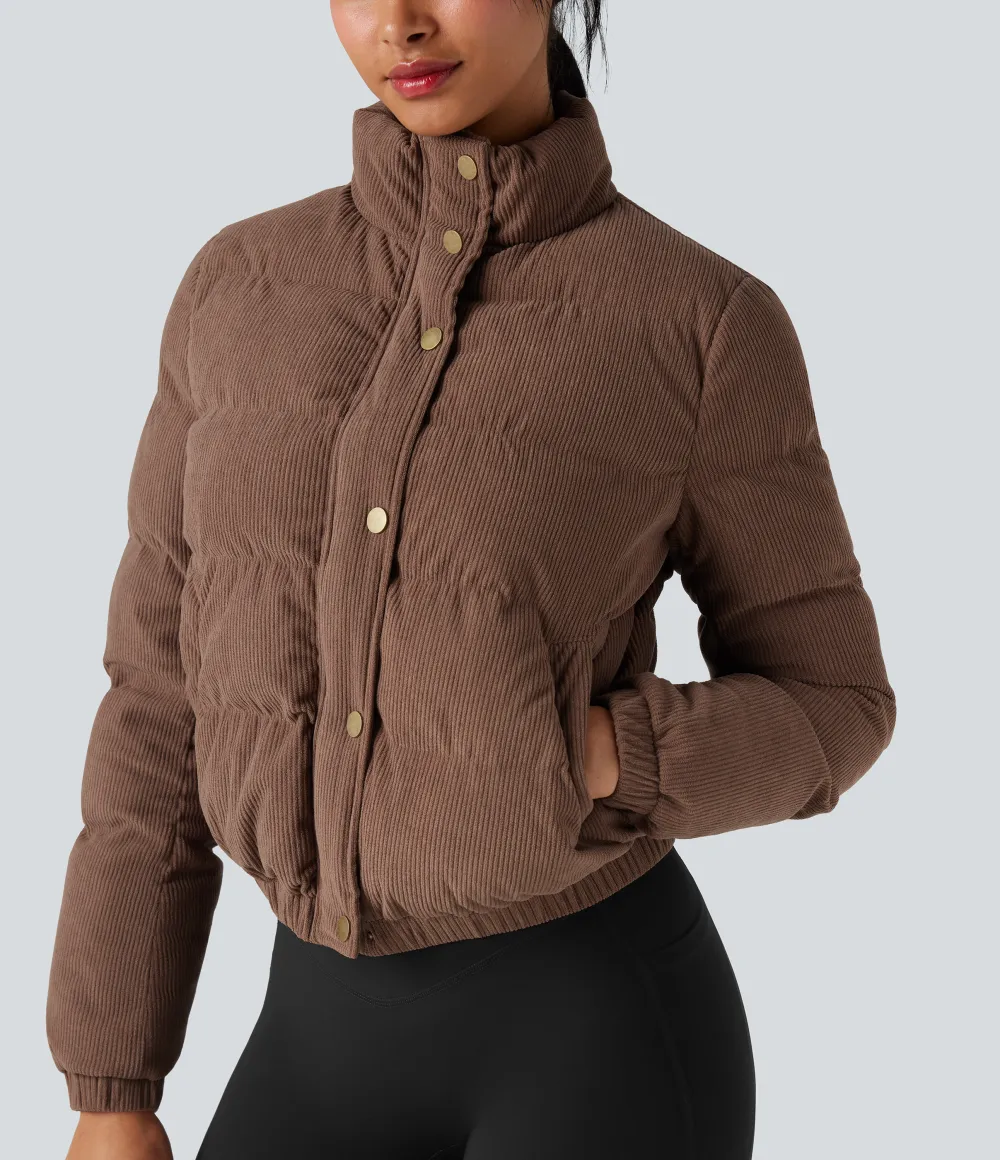 Stand Collar Corduroy Casual Puffer Jacket with Pockets
