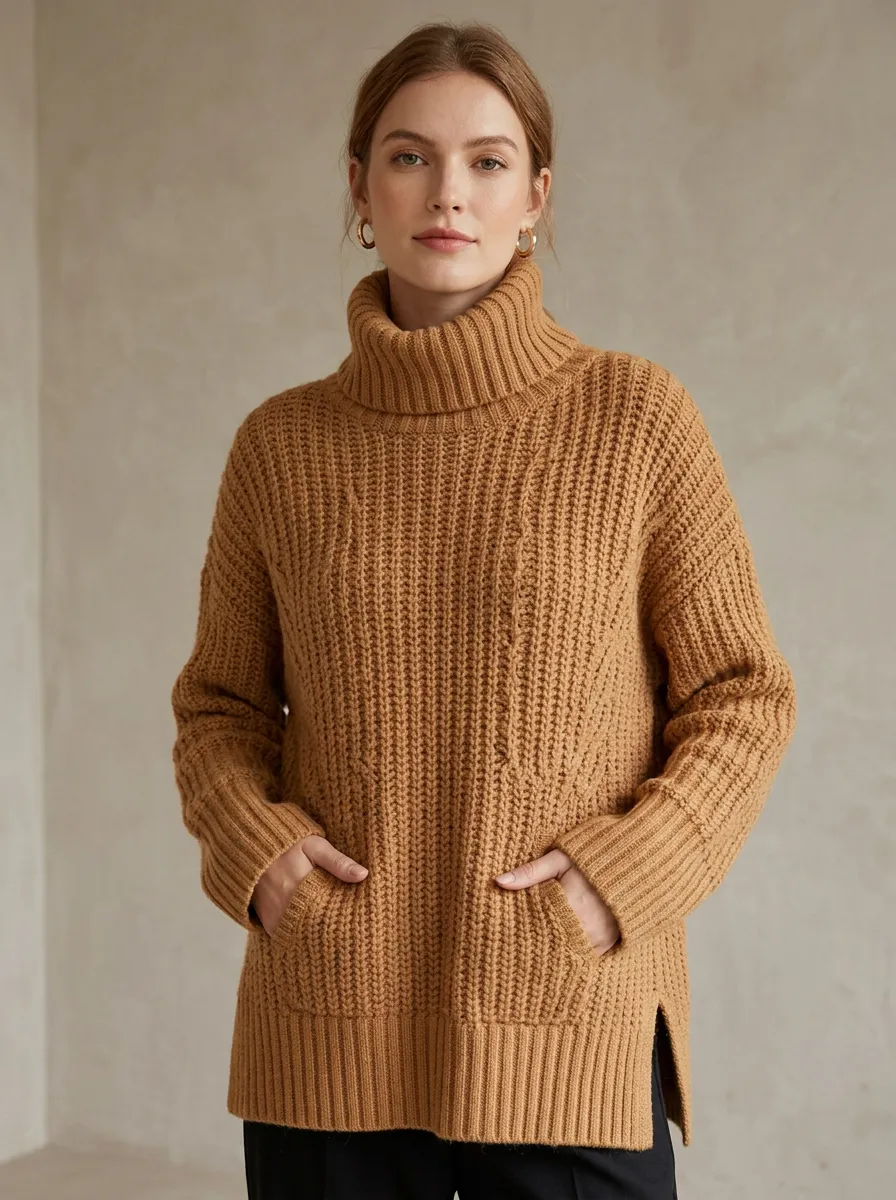 Women's Casual Winter Camel Ribbed Knit Pocket Turtleneck Sweater