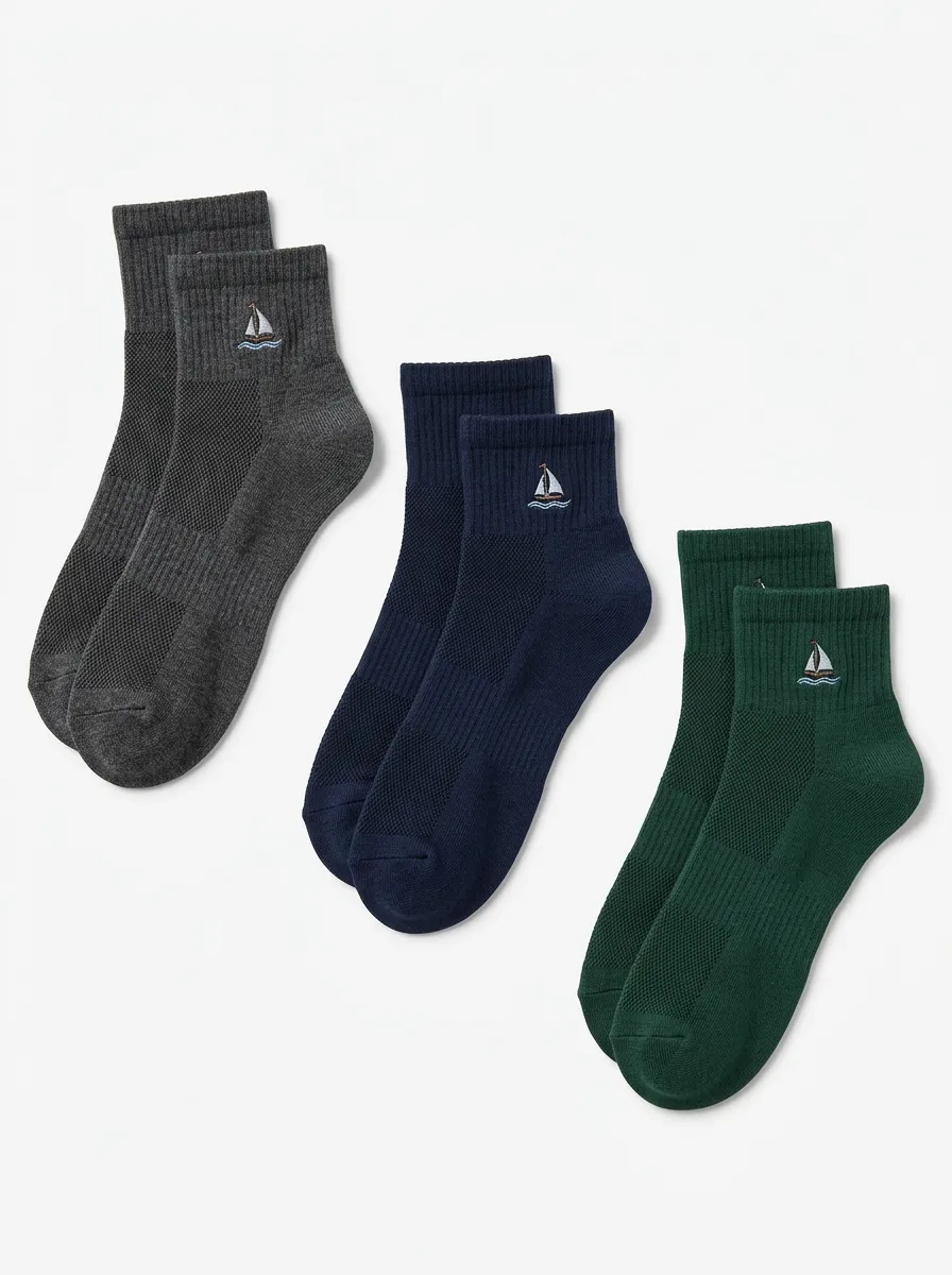 Men's Three-Pair Sailboat Embroidered Quarter Sock Set