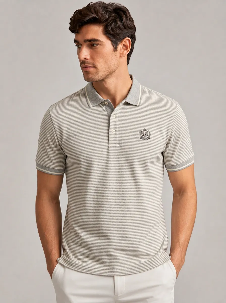 Men's Equestrian Lover Crest Striped Printed Ribbed Polo Shirt