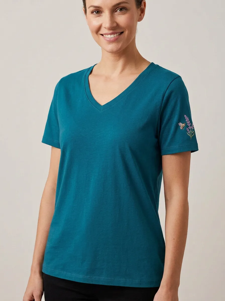 Women's Nature-Inspired Lavender & Bee Relaxed Embroidered V-Neck T-Shirt
