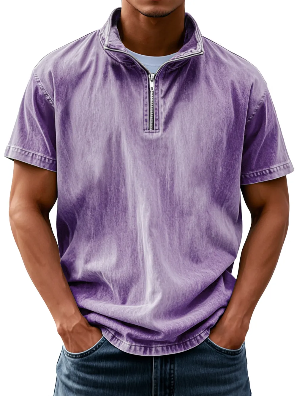 Short Sleeve Stand Collar Zip Front Shirt